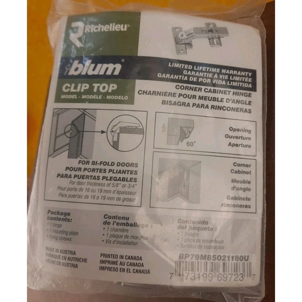 Richelieu Blum Clip Top Corner‎ Cabinet Hinge Bi-Fold Corner Hinge NIB